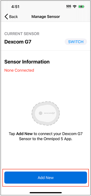Omnipod 5 with iPhone and Dexcom G7, with the "Add New" button outlined on screen