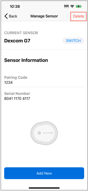 Omnipod 5 with iPhone and Dexcom G7, delete button outlined