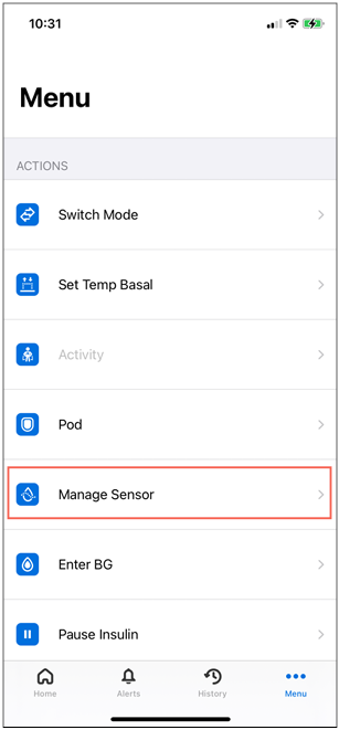 Omnipod 5 with iPhone and Dexcom G7, Manage Sensor, screen