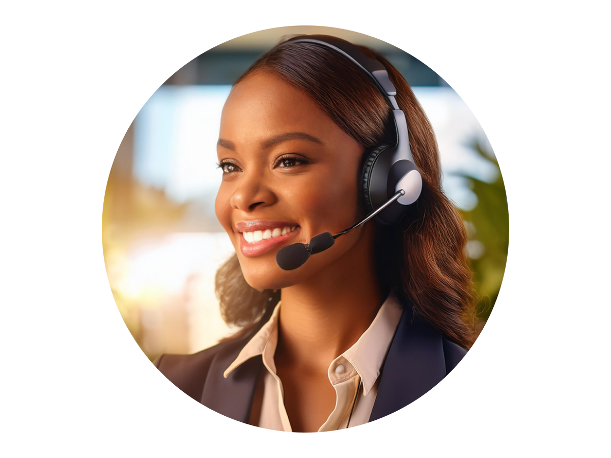 Circle image of a customer service specialist with a headset on