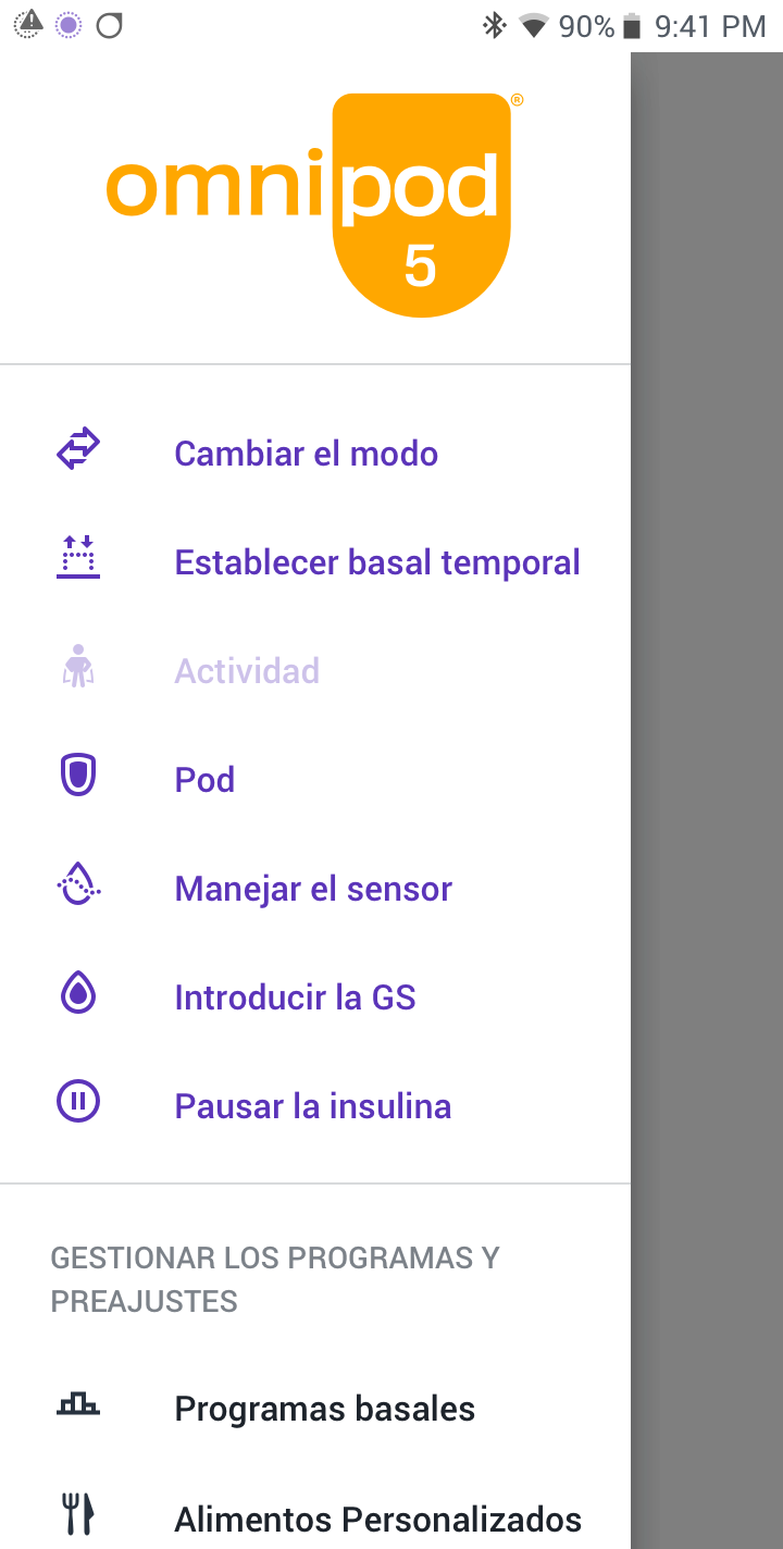 Omnipod 5 Android app navigation screen