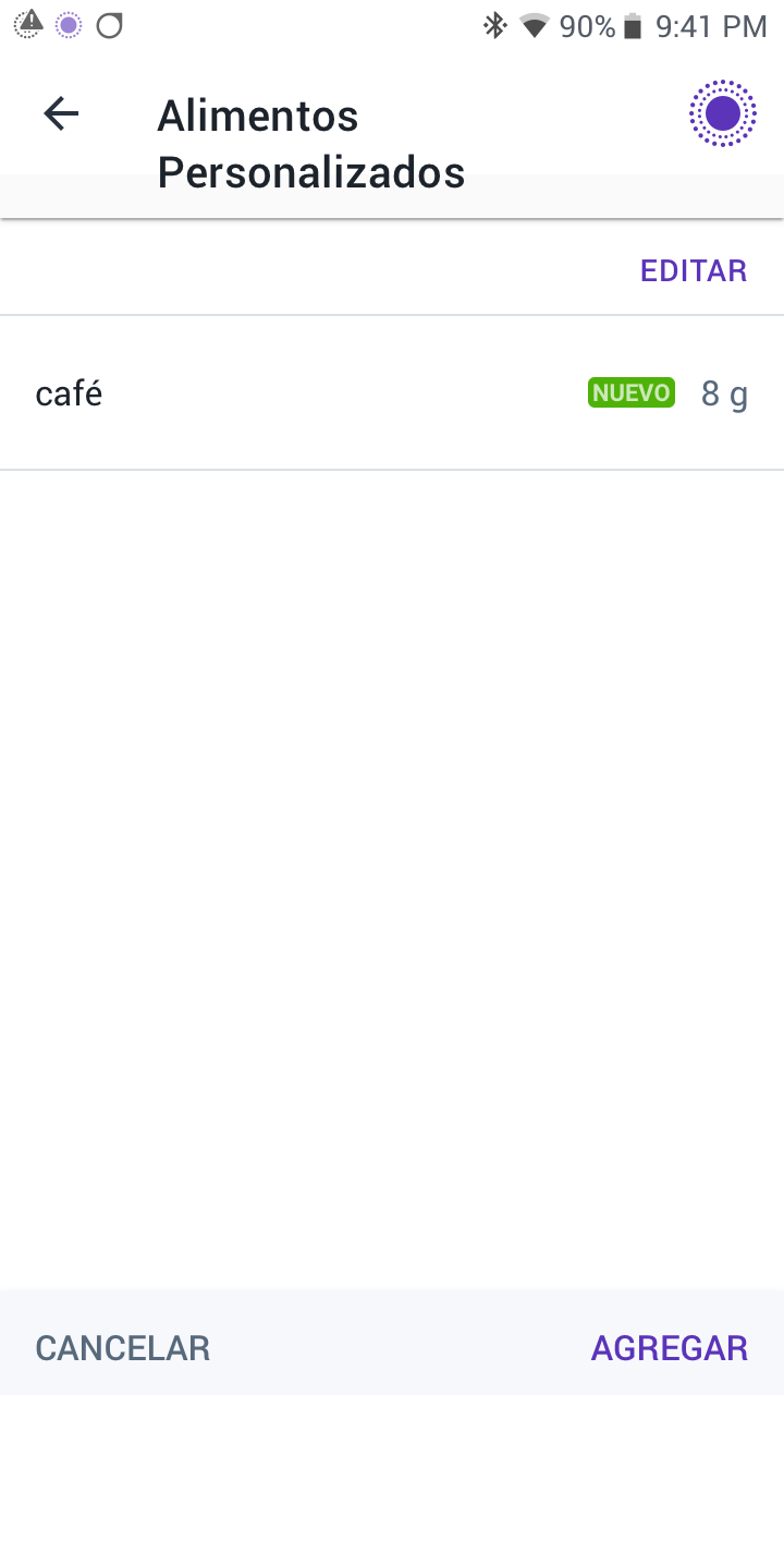 Omnipod 5 Android app view custom meal screen