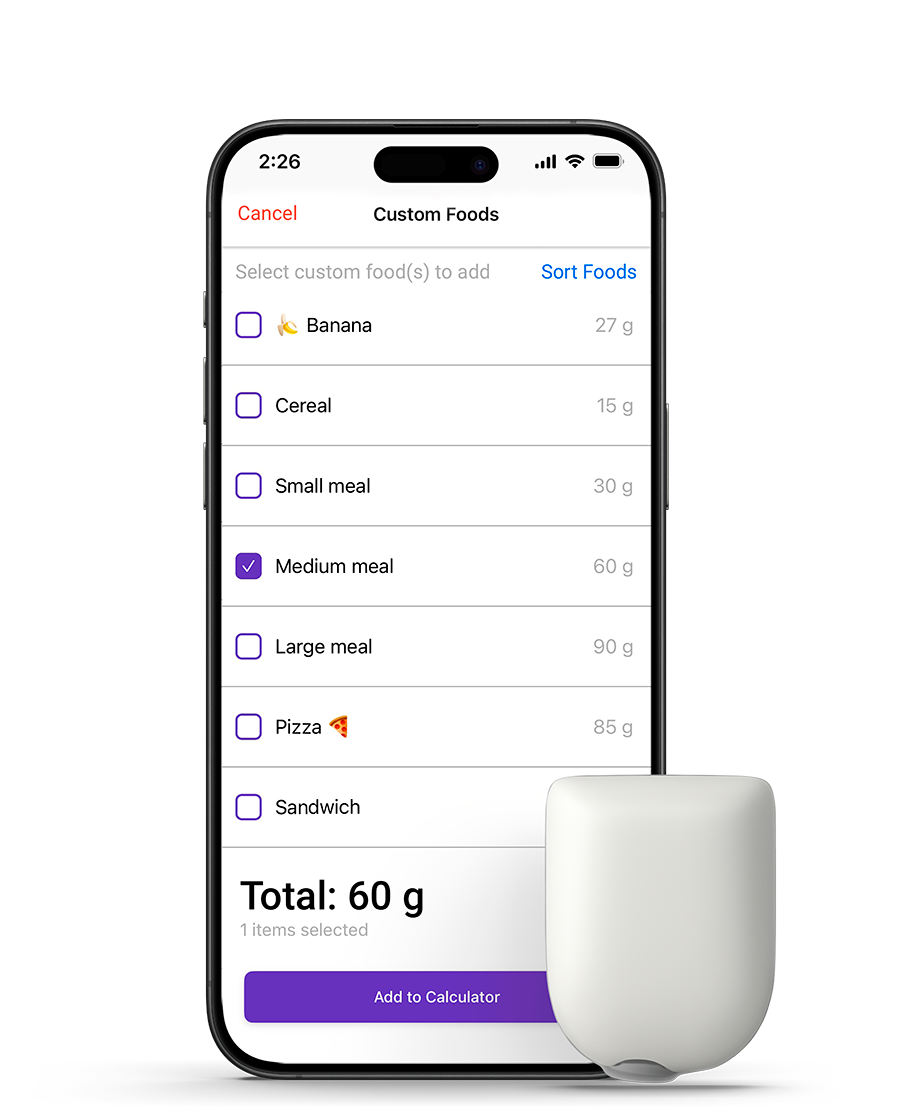 Omnipod 5 with iPhone showing Custom Foods screen