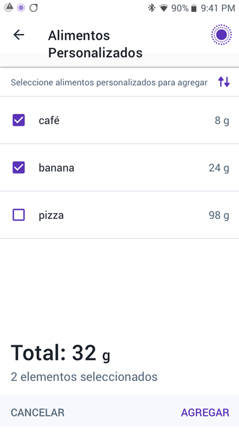 Omnipod 5 Android app my food selected screen