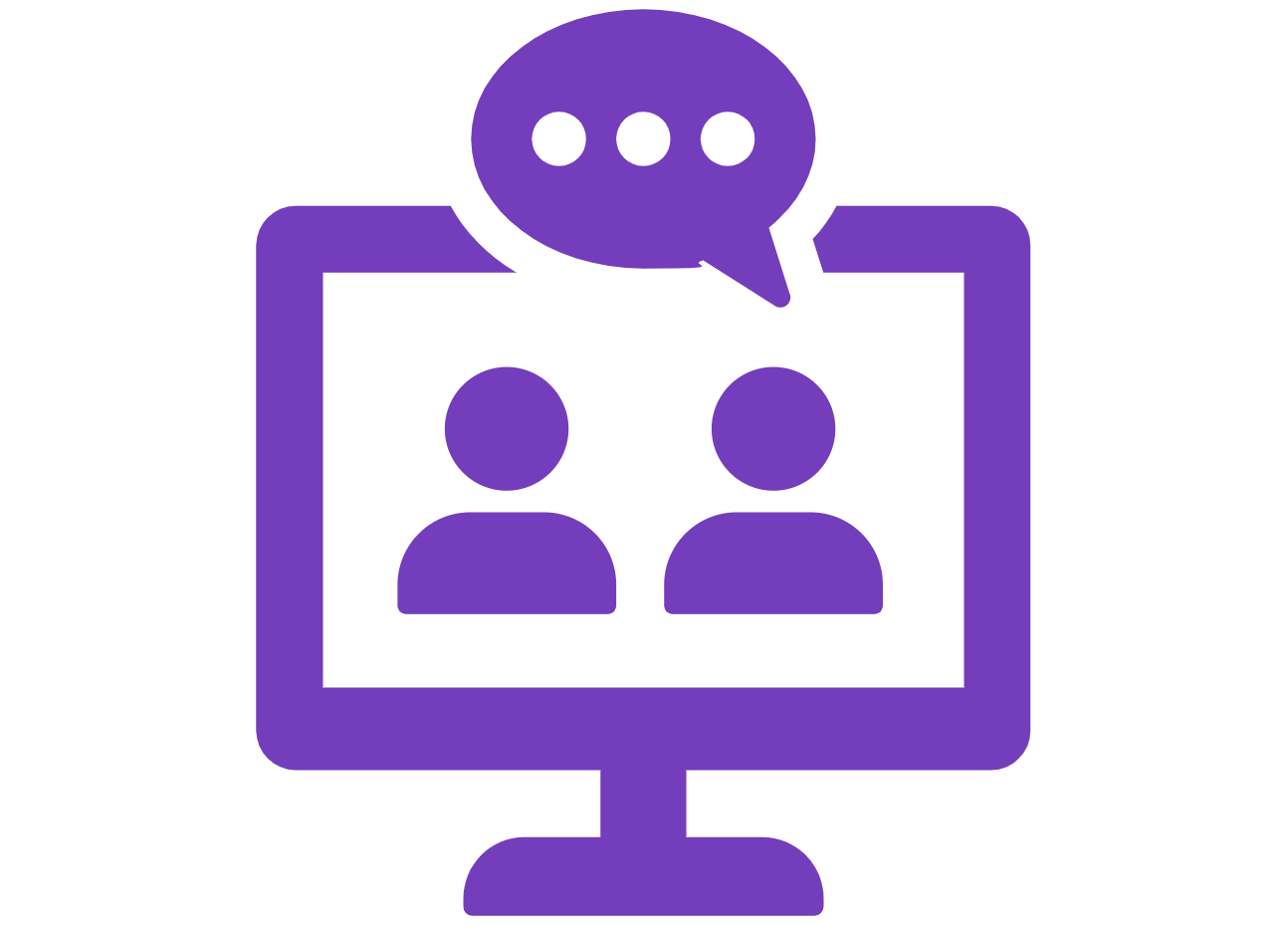 Icon of a conference meeting between two people on a computer with a text bubble box above