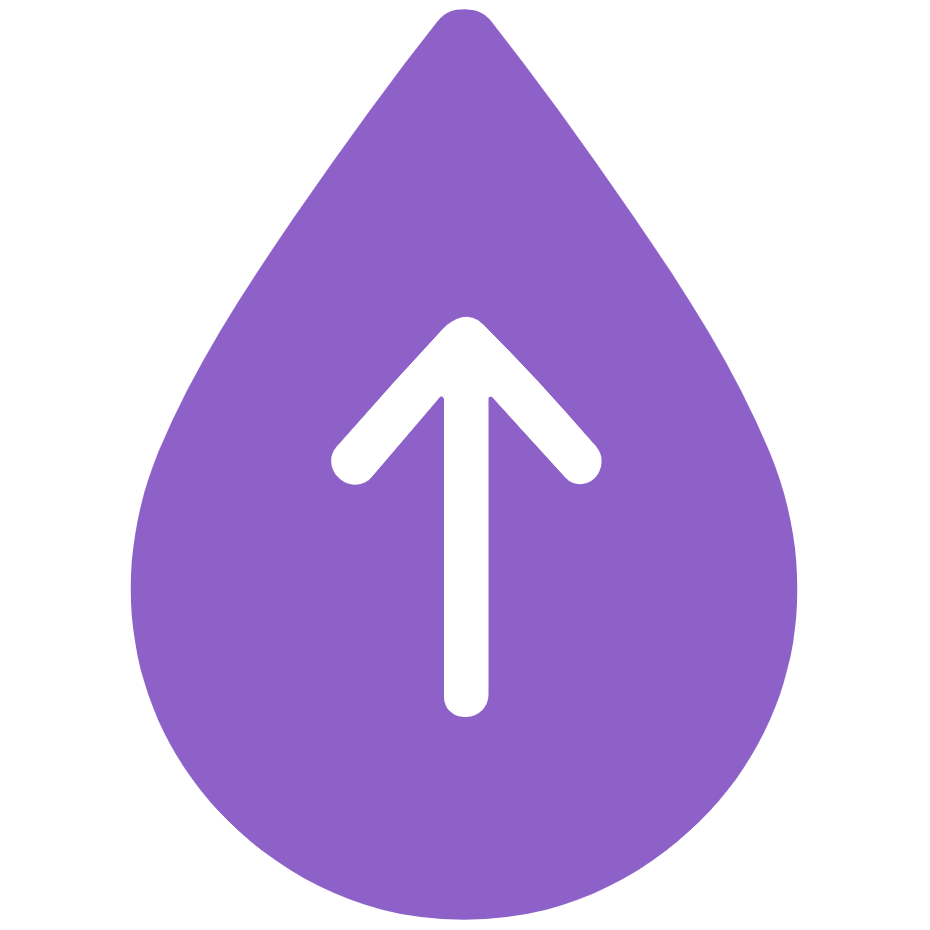 White arrow up in a purple teardrop