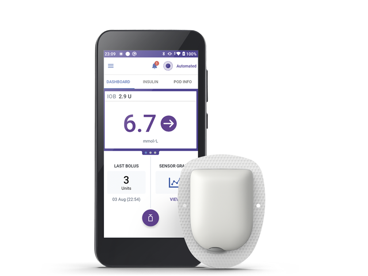 Omnipod 5 with Pod (with adhesive) on right and in mmo/L in English