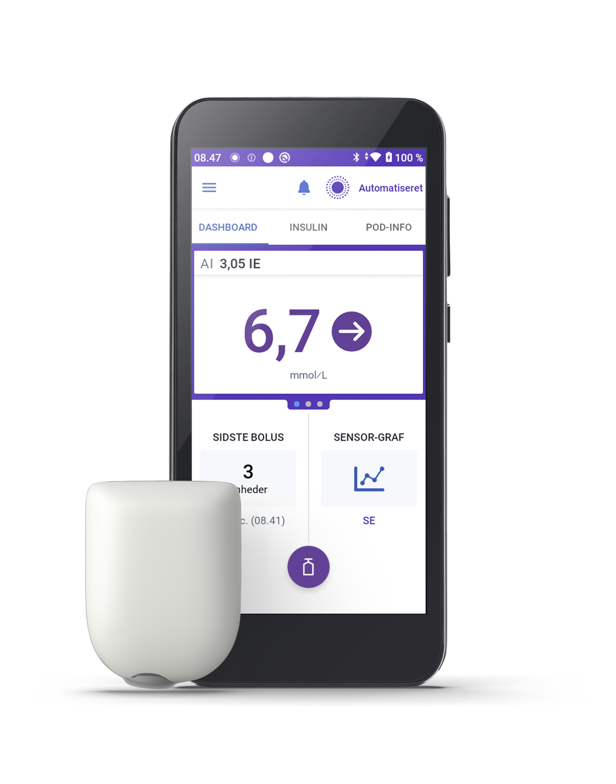 Omnipod 5 with a dashboard view on phone screen