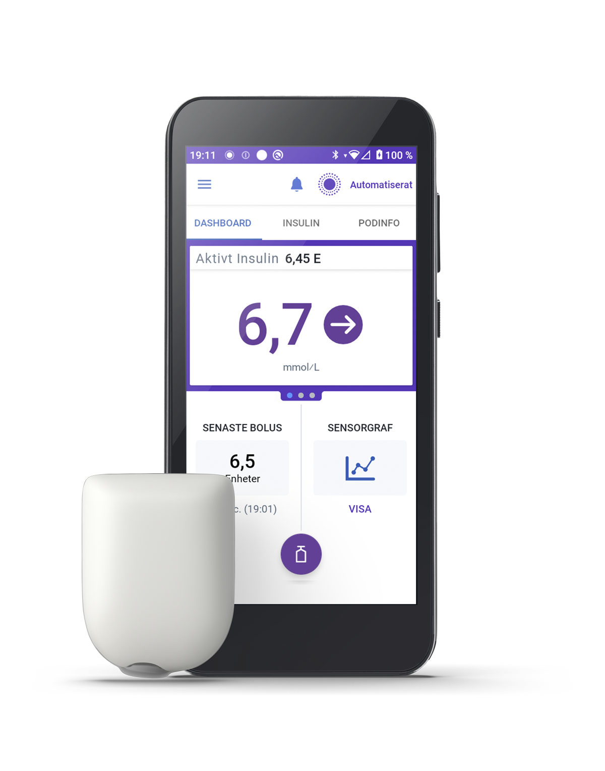 Omnipod 5 with a dashboard view on phone screen