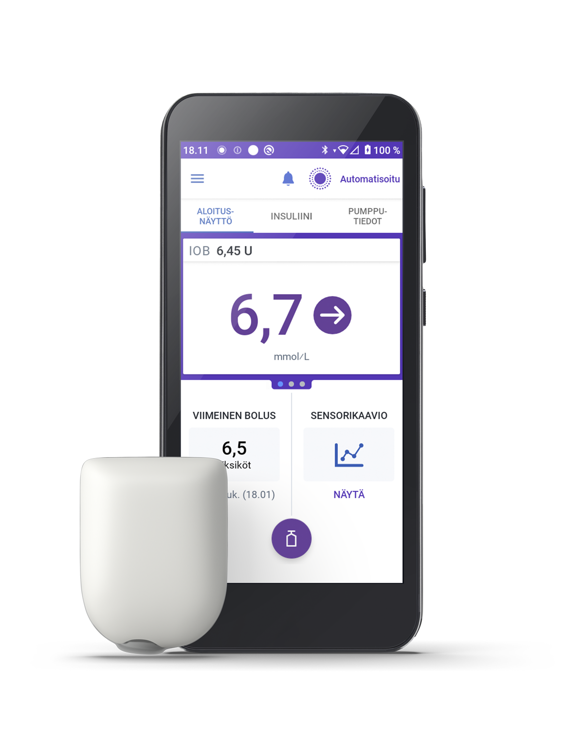 Omnipod 5 with a dashboard view on phone screen