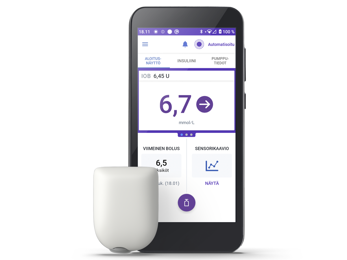 Omnipod 5 with a dashboard view on phone screen