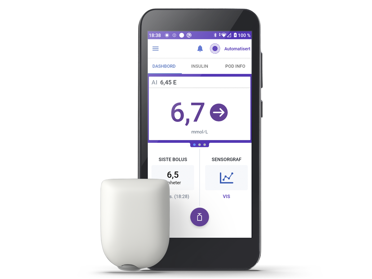 Omnipod 5 with a dashboard view on phone screen