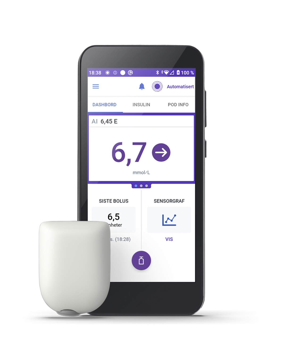 Omnipod 5 with a dashboard view on phone screen