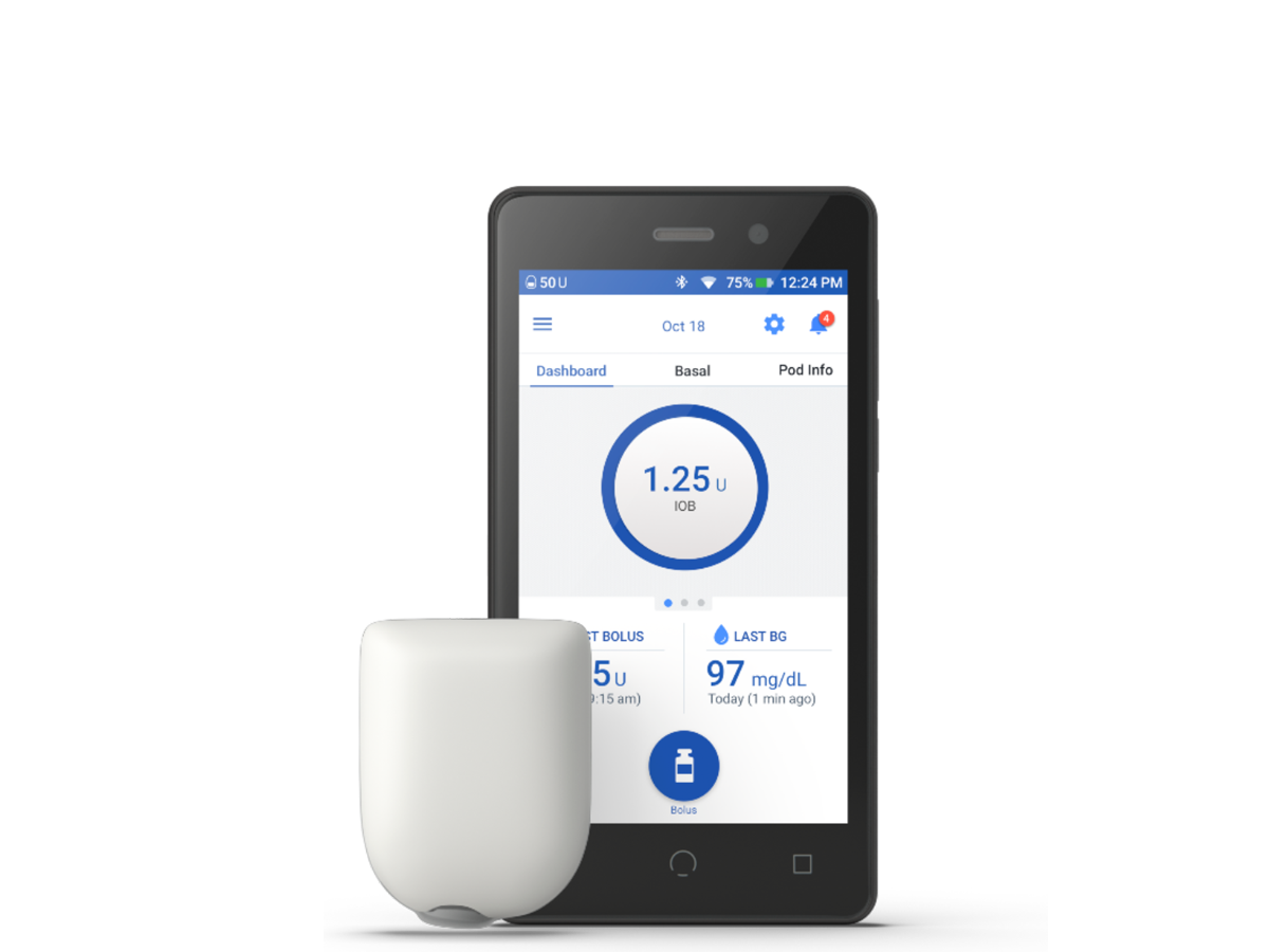 Omnipod DASH with a dashboard view on phone screen