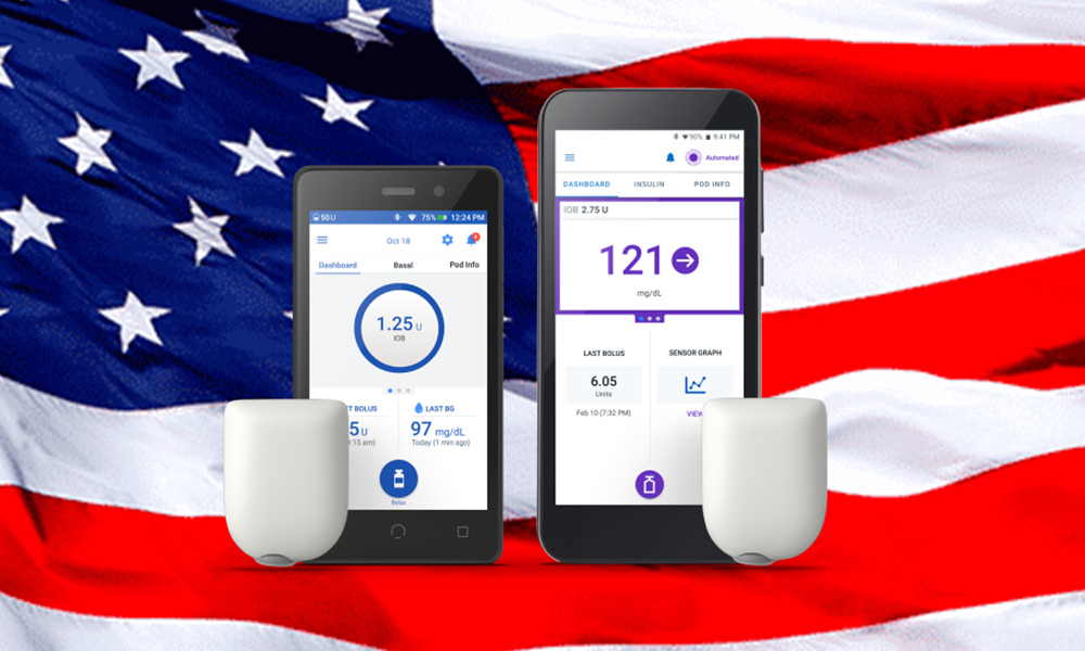 Omnipod 5 and DASH in front of American flag