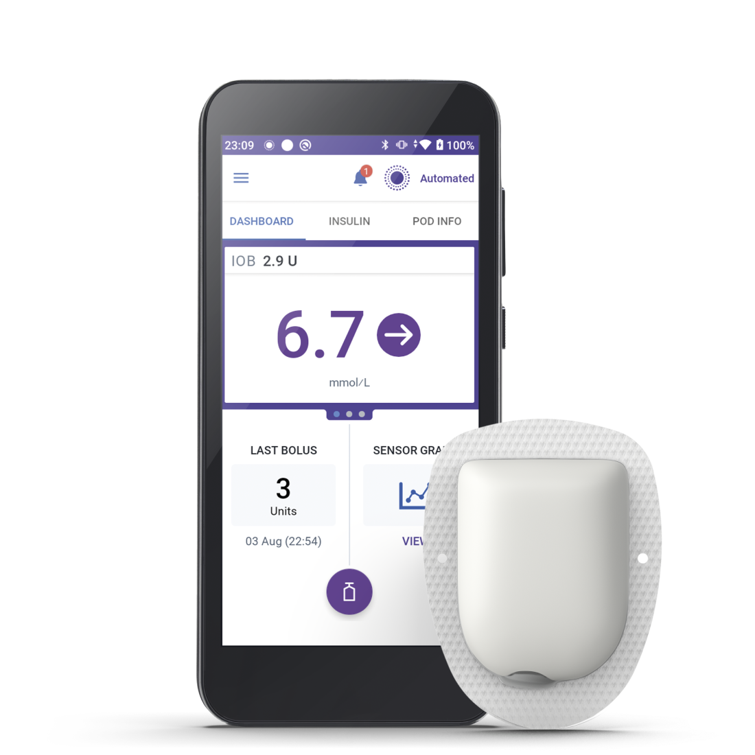 Omnipod 5 PDM in mmo/L with Pod to the right (with adhesive) for Canada in English