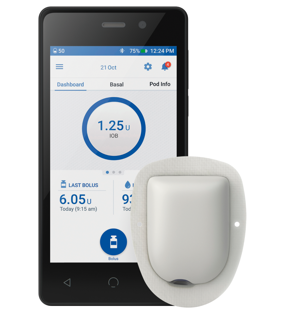 Omnipod DASH with Pod (with adhesive) to the right