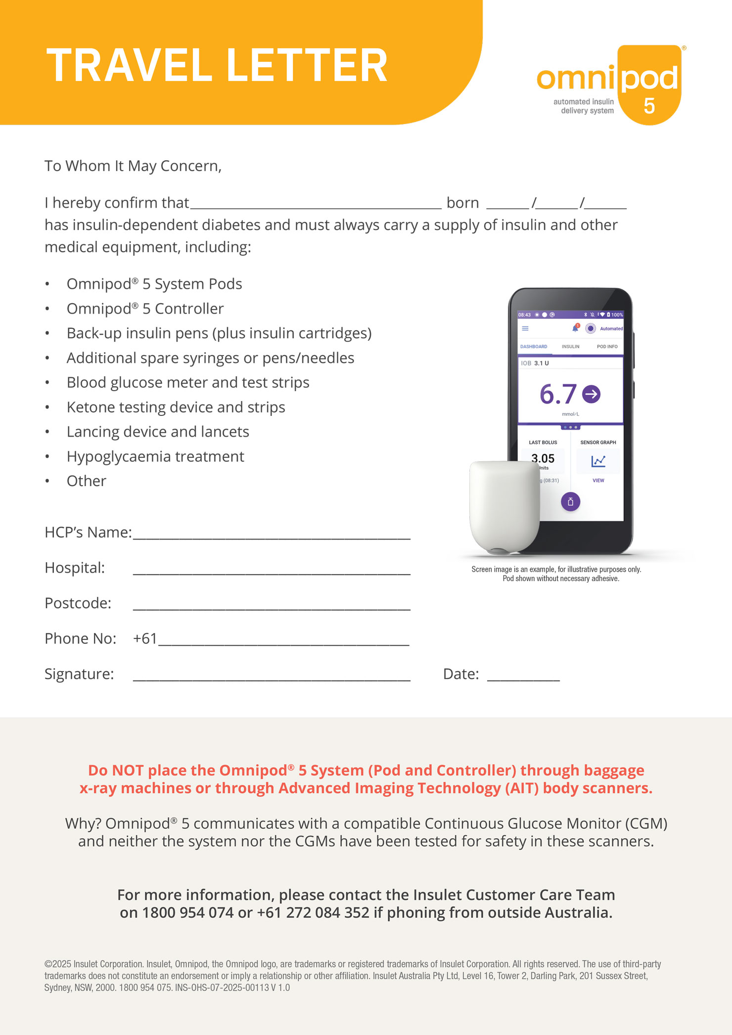 Omnipod 5 Travel Letter template