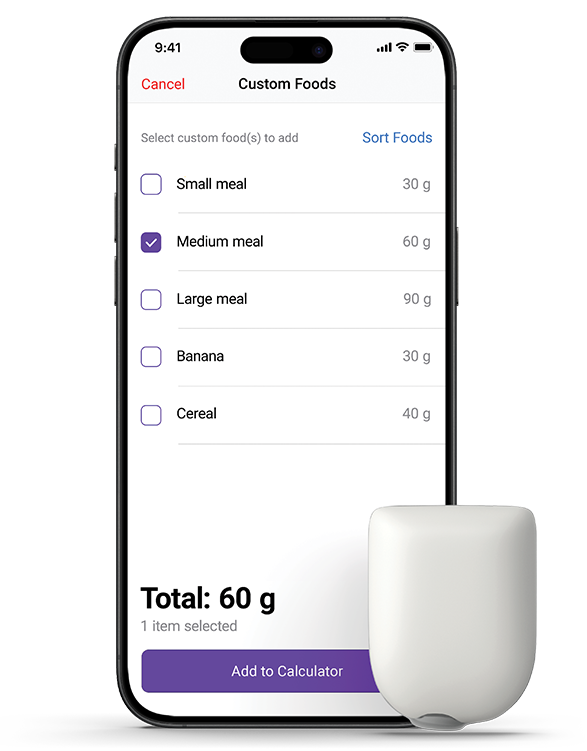 A Pod next to an iPhone. The iPhone screen shows the Omnipod 5 Custom Foods feature.