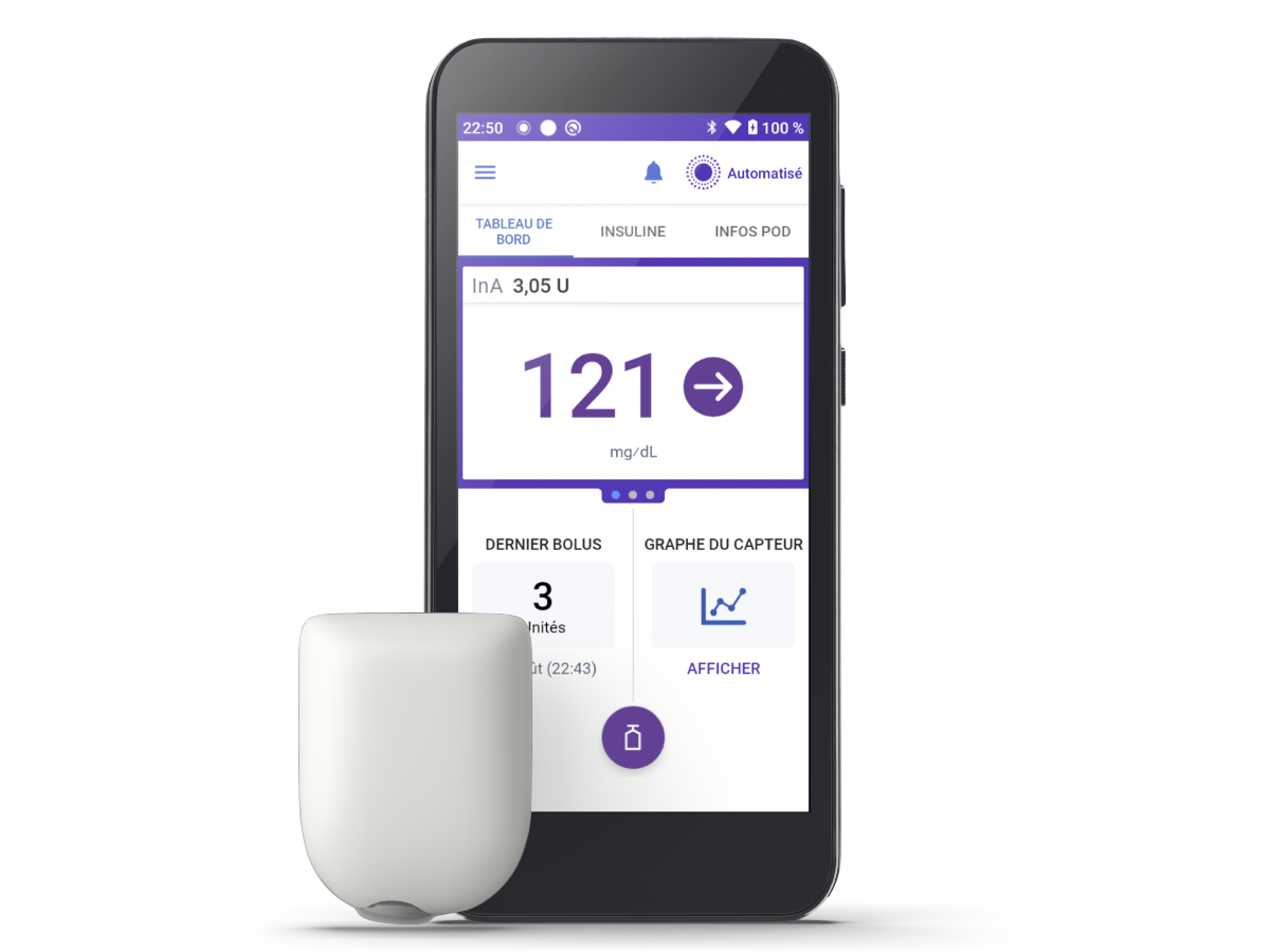 Omnipod 5 with Pod (no adhesive shown) with mg/dL and text in French