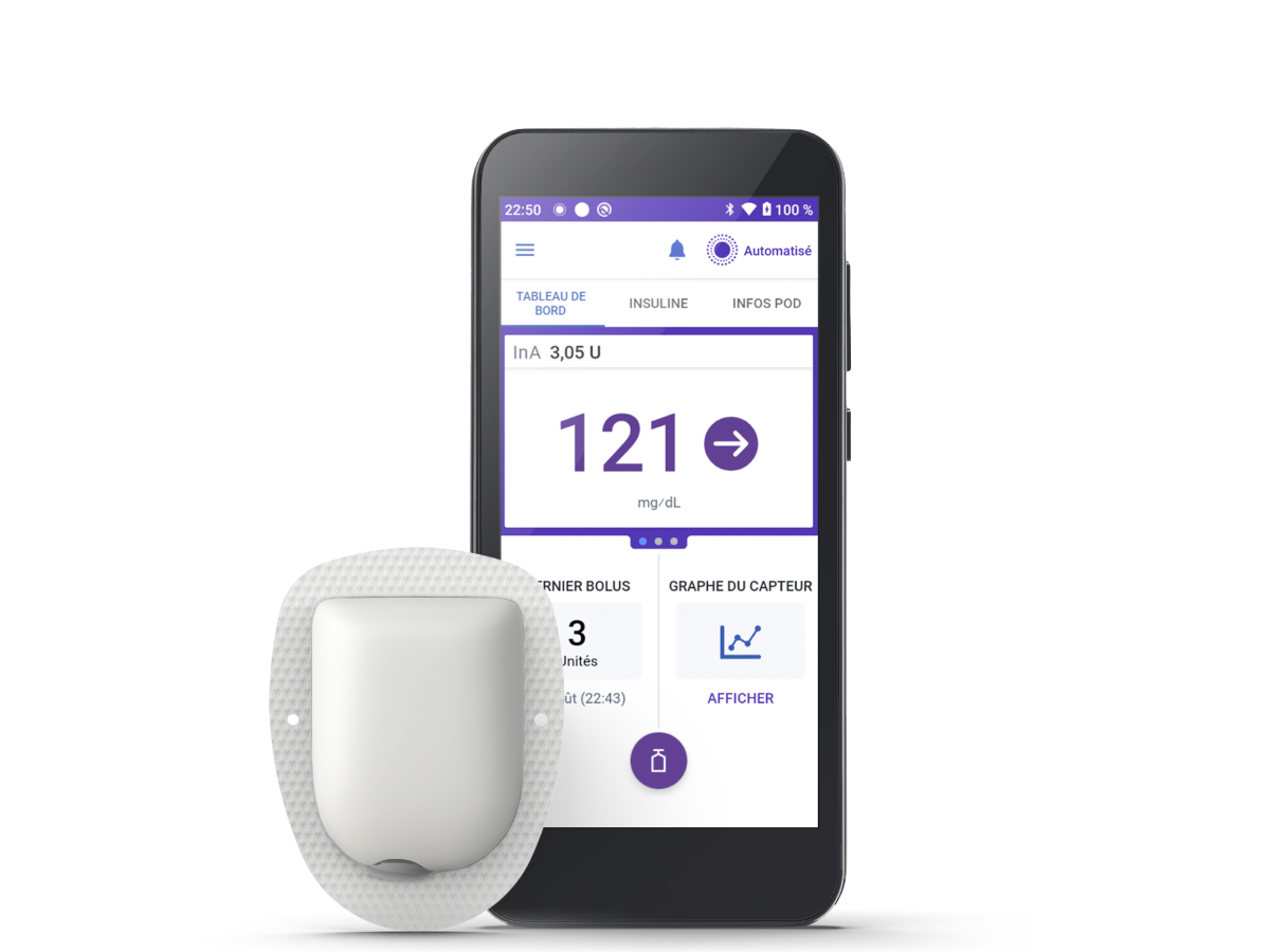 Omnipod 5 with Pod (shown with adhesive) with text in French