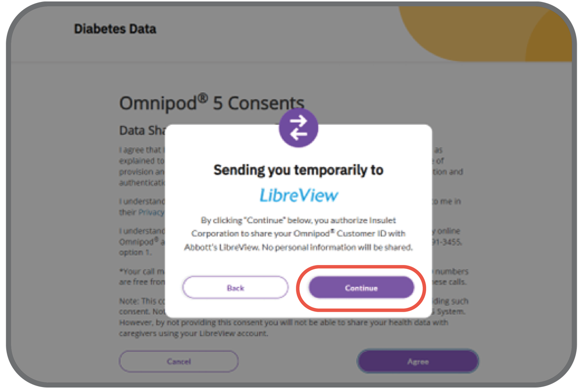 SLibreView popup screen with Continue button highlighted