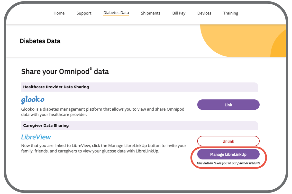 Manage LibreLinkUp button selection screen 
