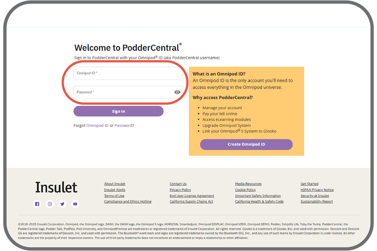 PodderCentral log in screen