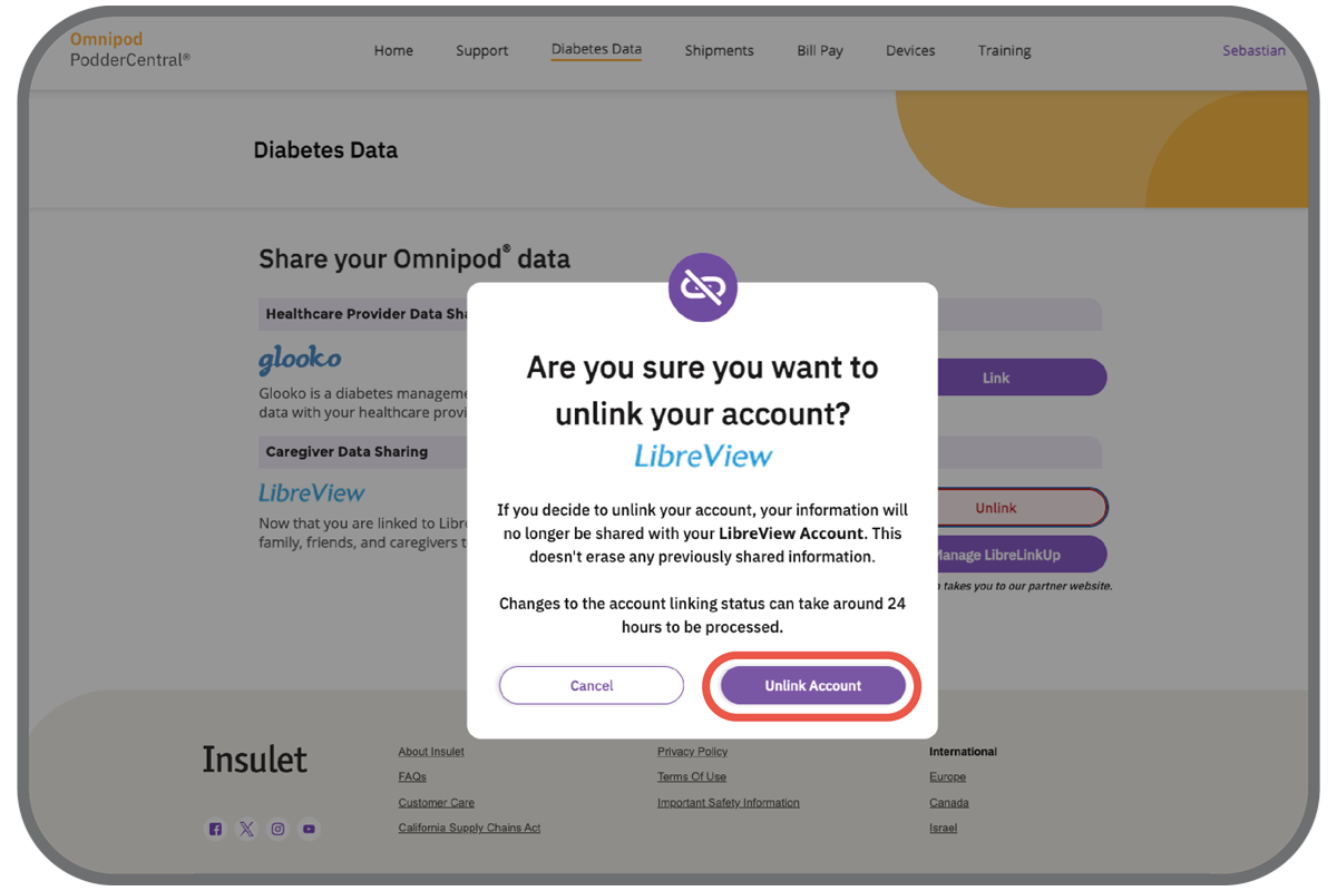 Unlink Account button selection screen