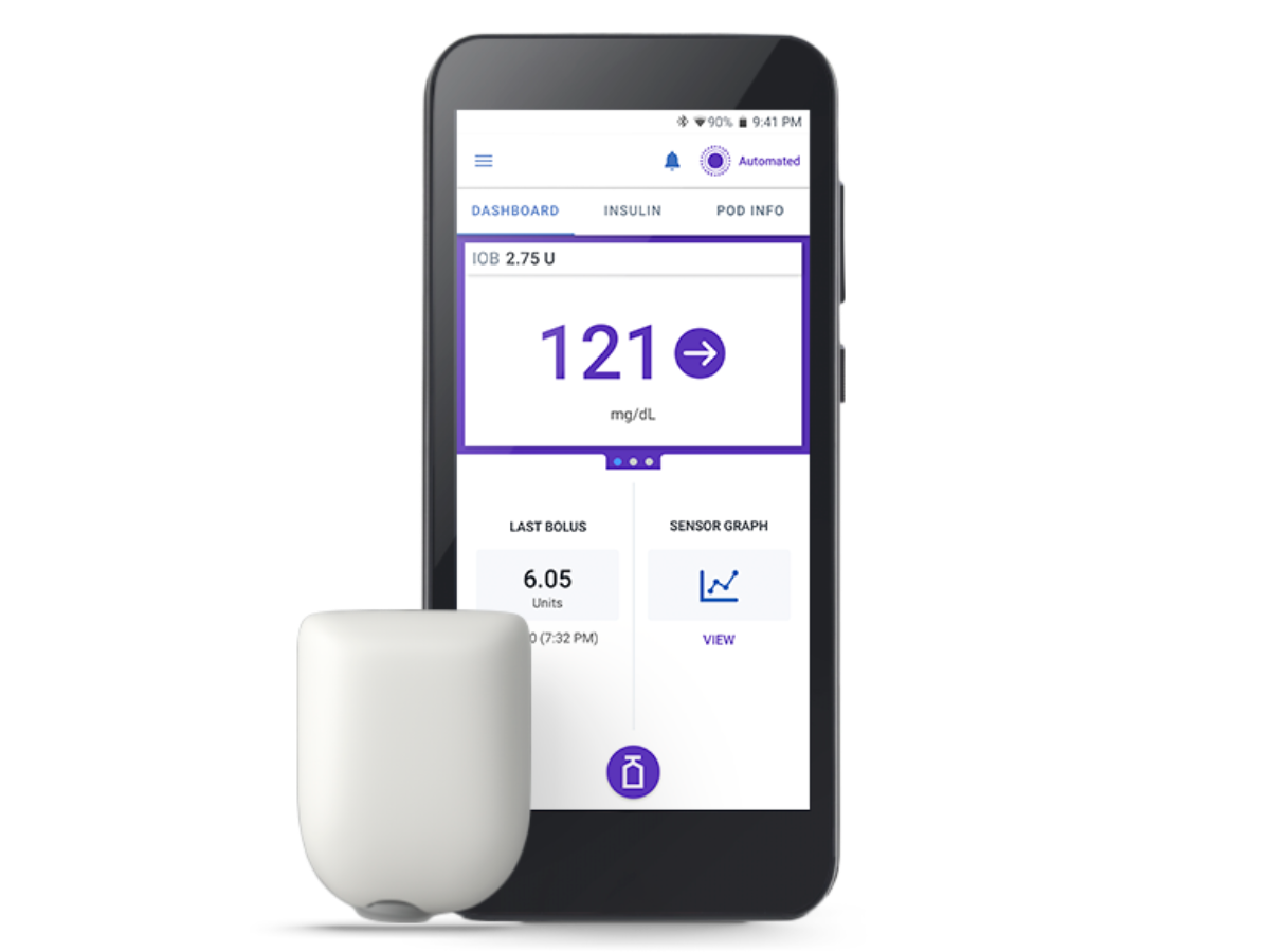 Omnipod 5 with Pod (shown without necessary adhesive) in English and using mg/dL for unit of measurement