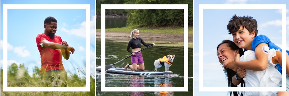 3 quadratische Bilder von Poddern, die den Omnipod 5 tragen