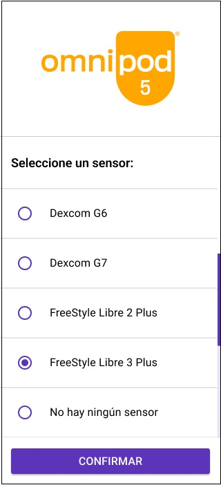 Aplicación Omnipod 5: seleccionar FreeStyle Libre 3 Plus