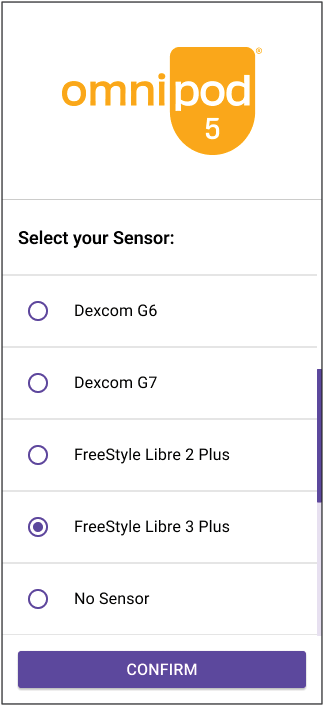 Omnipod 5 app - select FreeStyle Libre 3 Plus