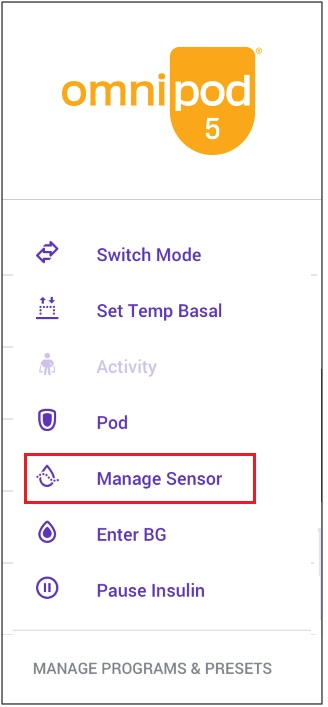 Omnipod 5 app - select Manage sensor