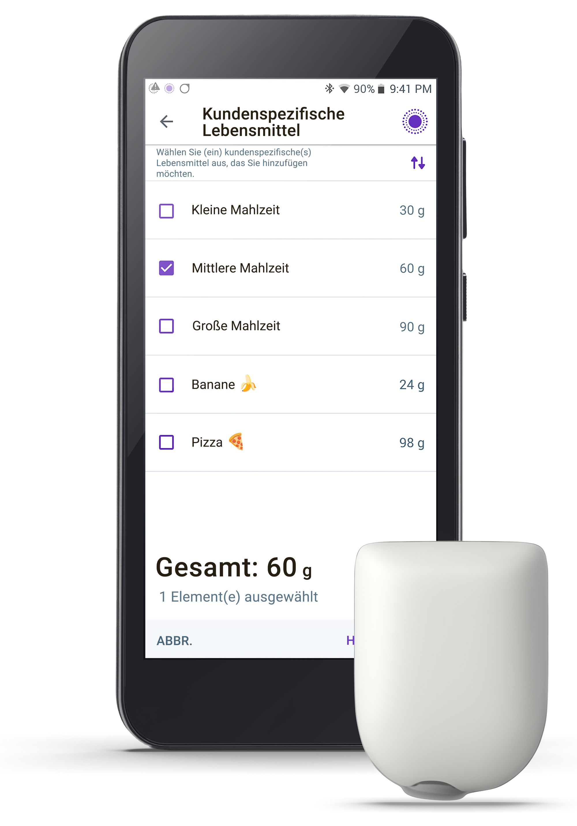 Pods und App mit ausgewählten benutzerdefinierten Lebensmitteln