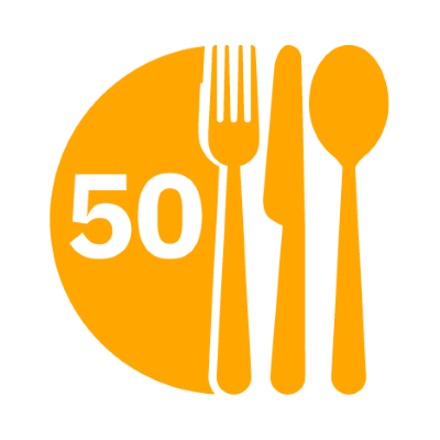 Icon of a plate, the number 50 on the left, and a fork, knife, and spoon on the right