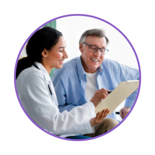 Caregiver and podder, both sitting and looking at the device