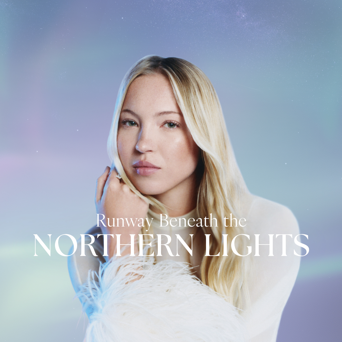 Omnipod and Calm collaboration: Lila Moss posing in front of camera with the text "NORTHERN LIGHTS" in front