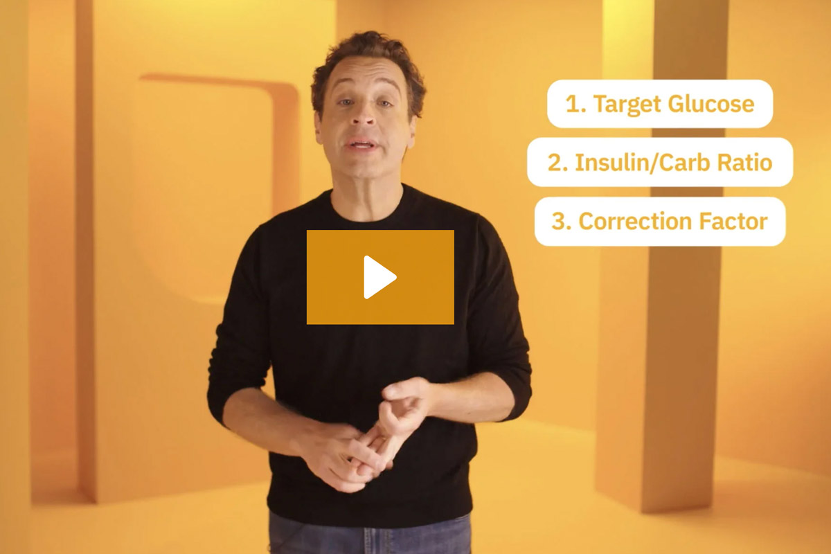 man presenting in video with words 1. Target Glucose 2. Insulin/Carb Ratio and 3. Correction Factor