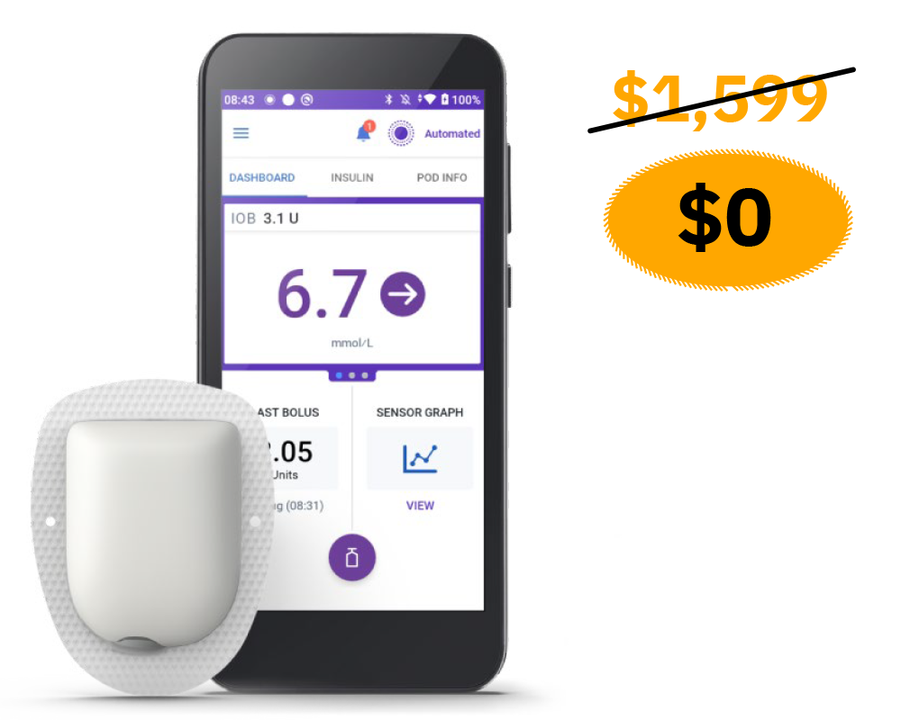 Omnipod 5 with Pod to the left and with "$0" to the right inside an orange circle
