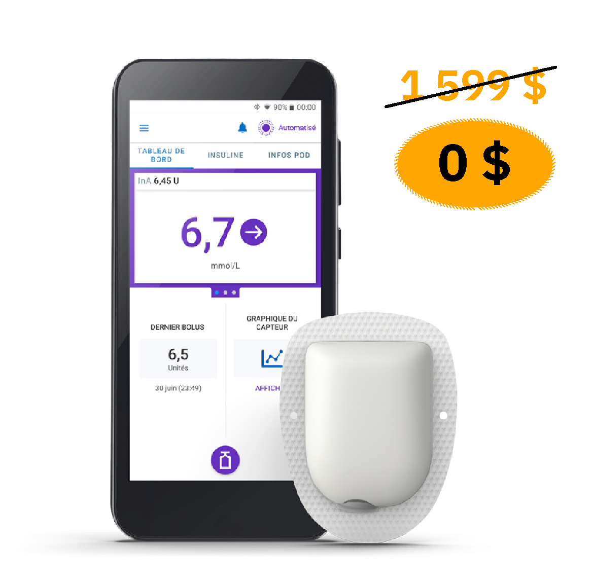 Omnipod 5 with Pod to the left and with "$0" to the right inside an orange circle