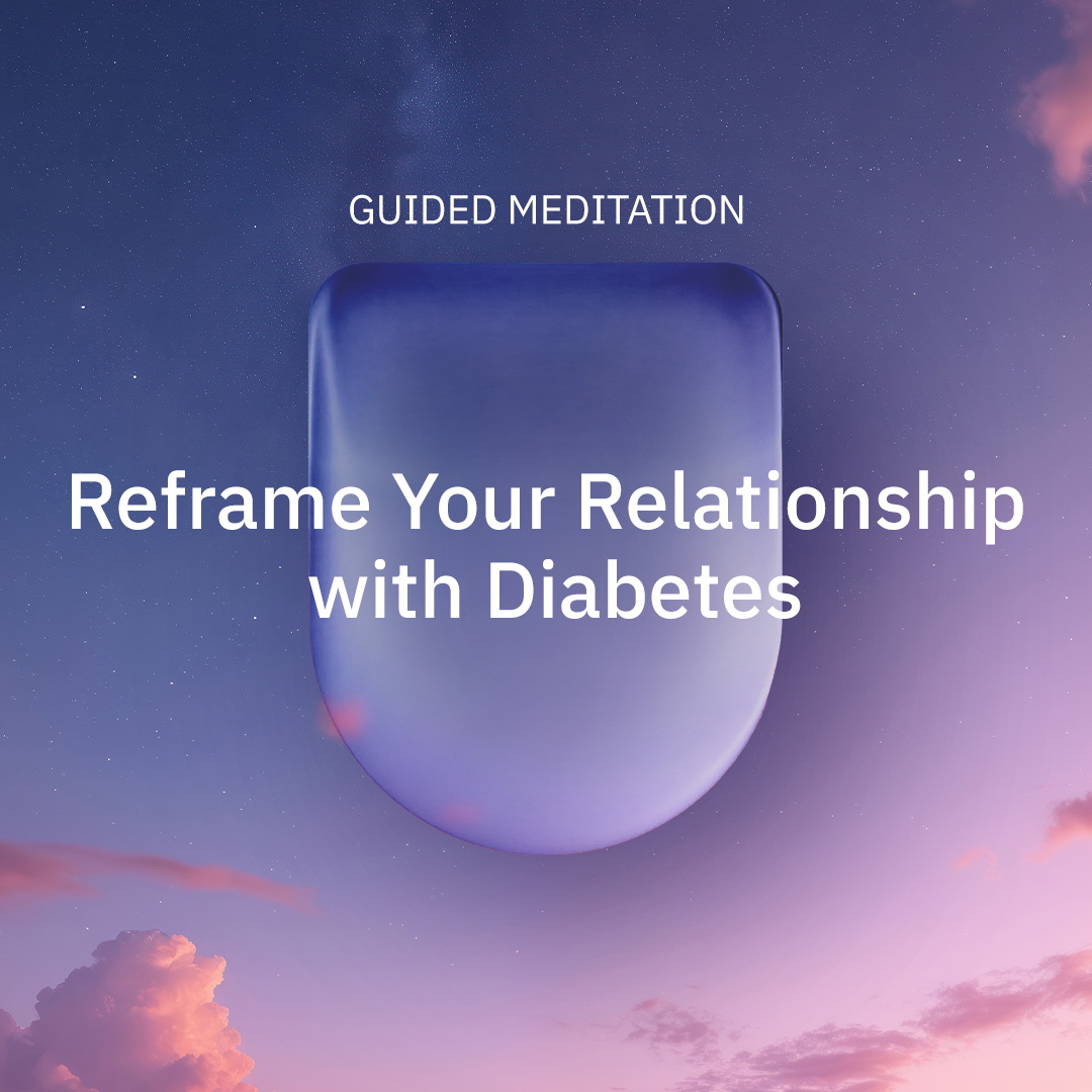 Omnipod and Calm collaboration: Pod with white text "Reframe Your Relationship with Diabetes"