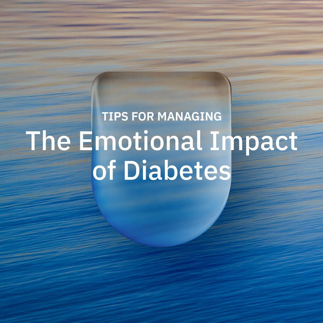 Omnipod and Calm collaboration: clear colored Pod with the text "TIPS FOR MANAGING The Emotional Impact of Diabetes"