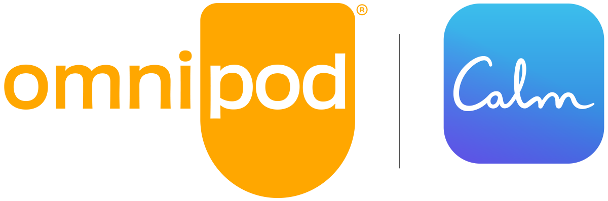 Logo of Omnipod and Calm, separated with a line in between both logos