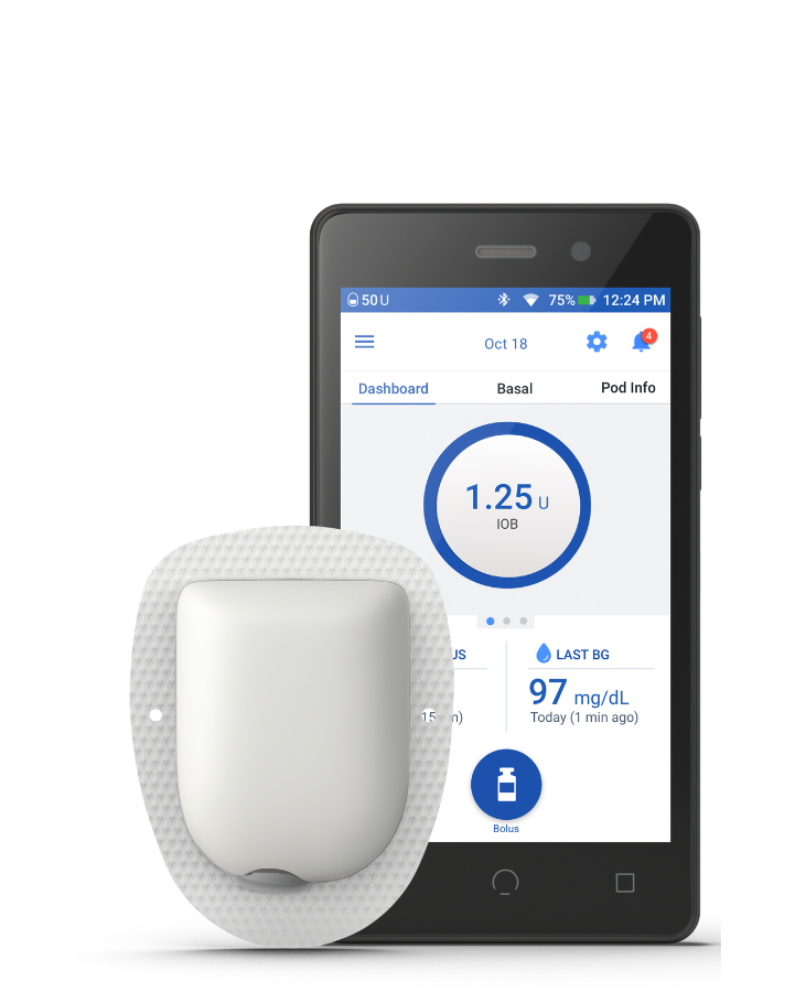 Omnipod Dash with adhesive and device