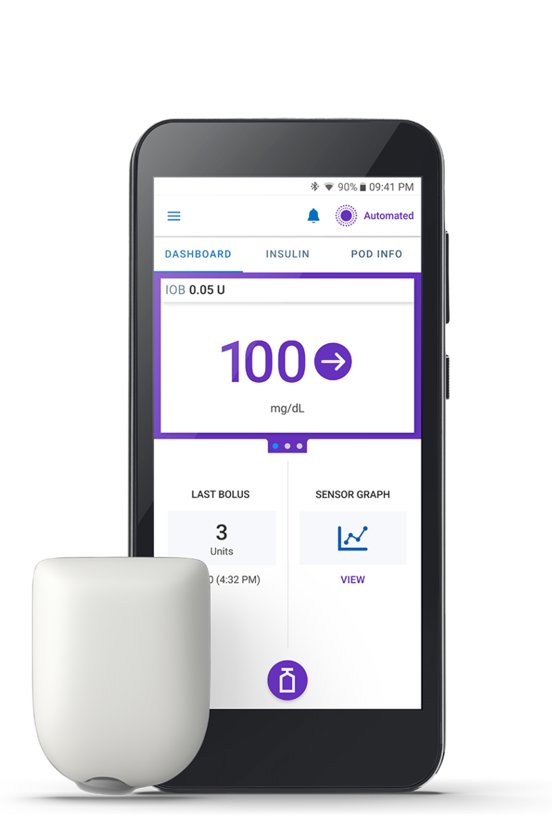 Omnipod 5 Controller with Pod (shown without necessary adhesive) in English with the number 100 on screen
