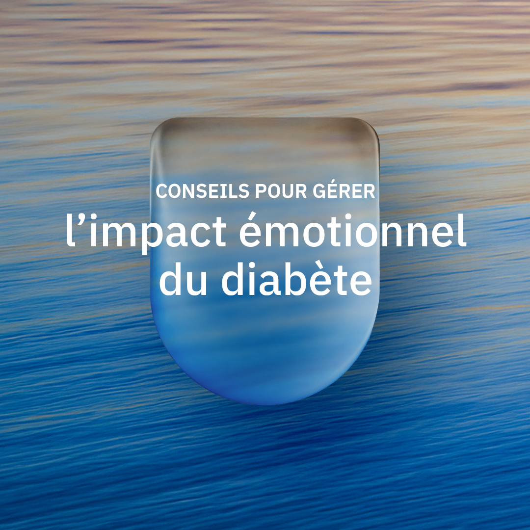Collaboration Omnipod et Calm : Pod transparent coloré avec le texte « ASTUCES POUR GÉRER L'IMPACT ÉMOTIONNEL DU DIABÈTE »