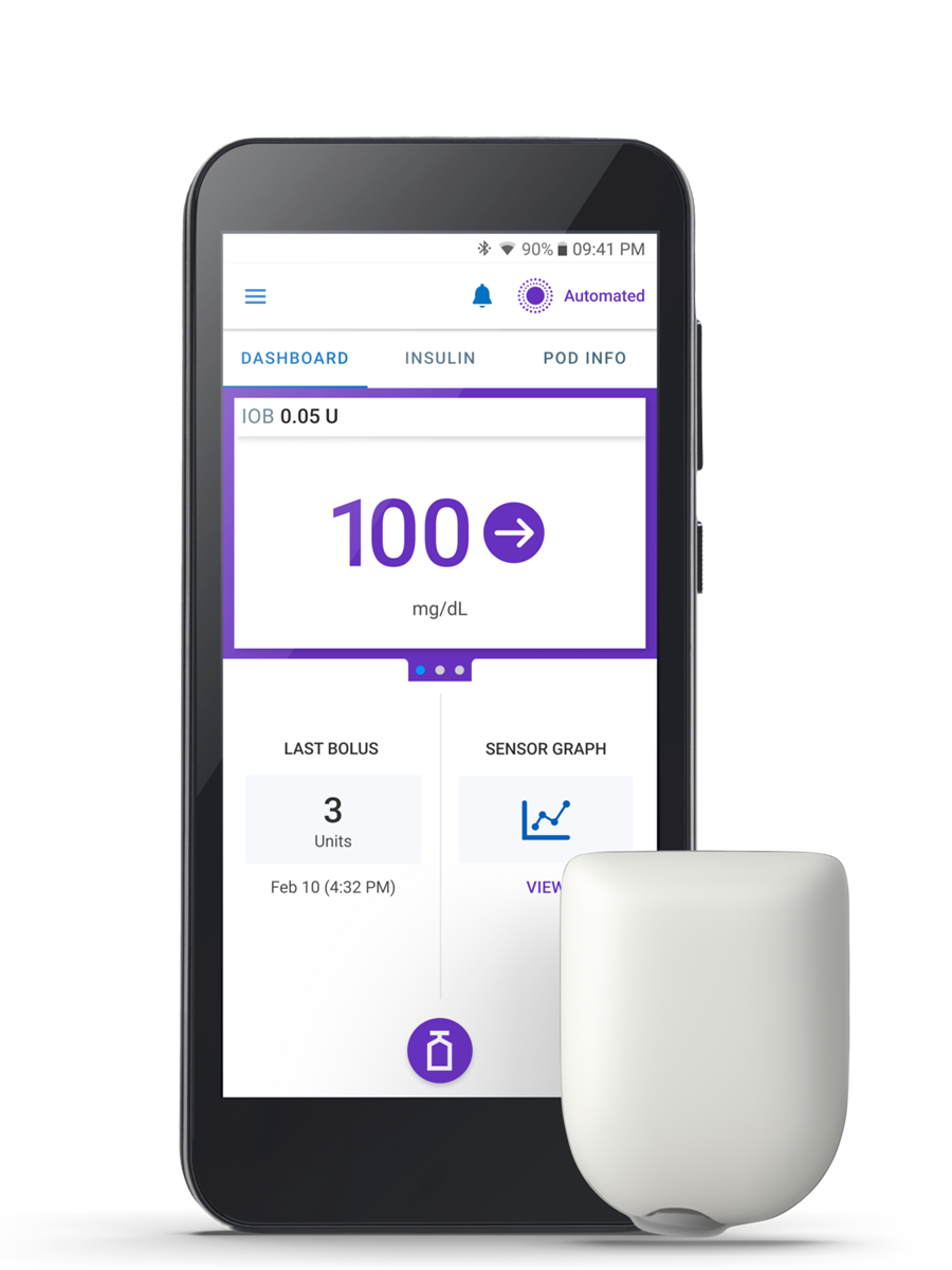 Controller with 100 target glucose home screen and pod
