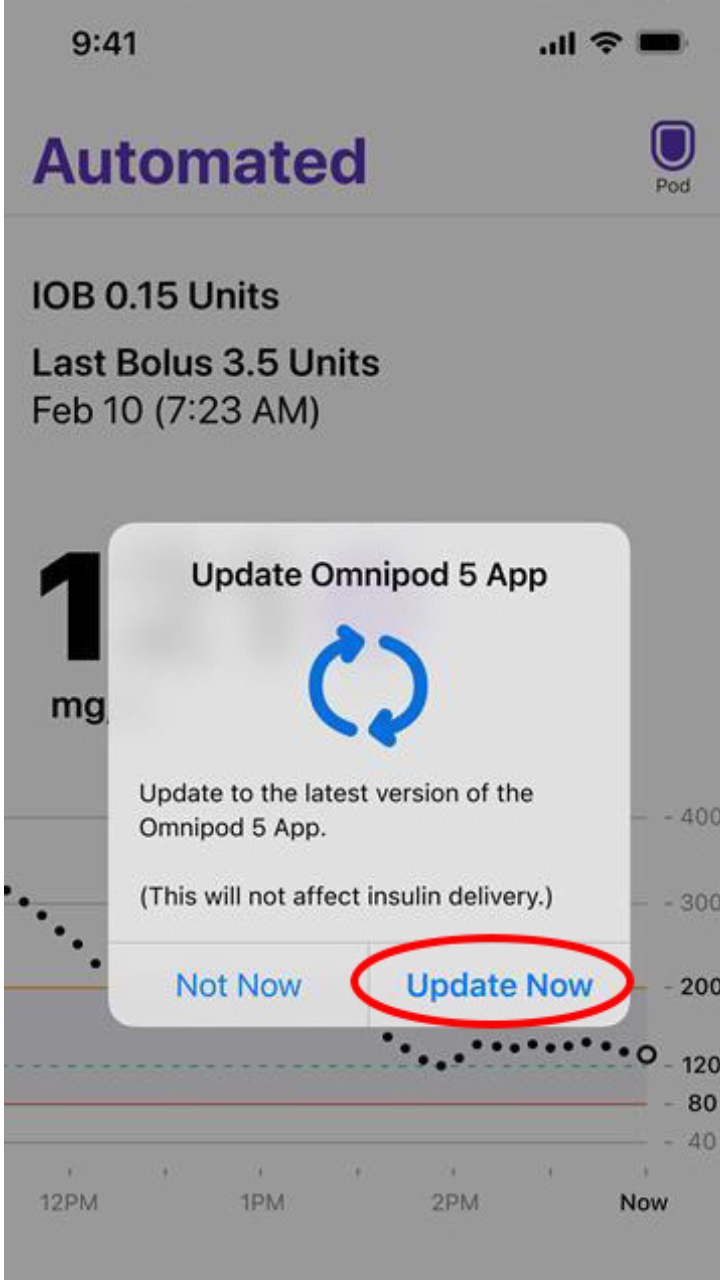 Image of phone screen, popup window with button text 'Update now'