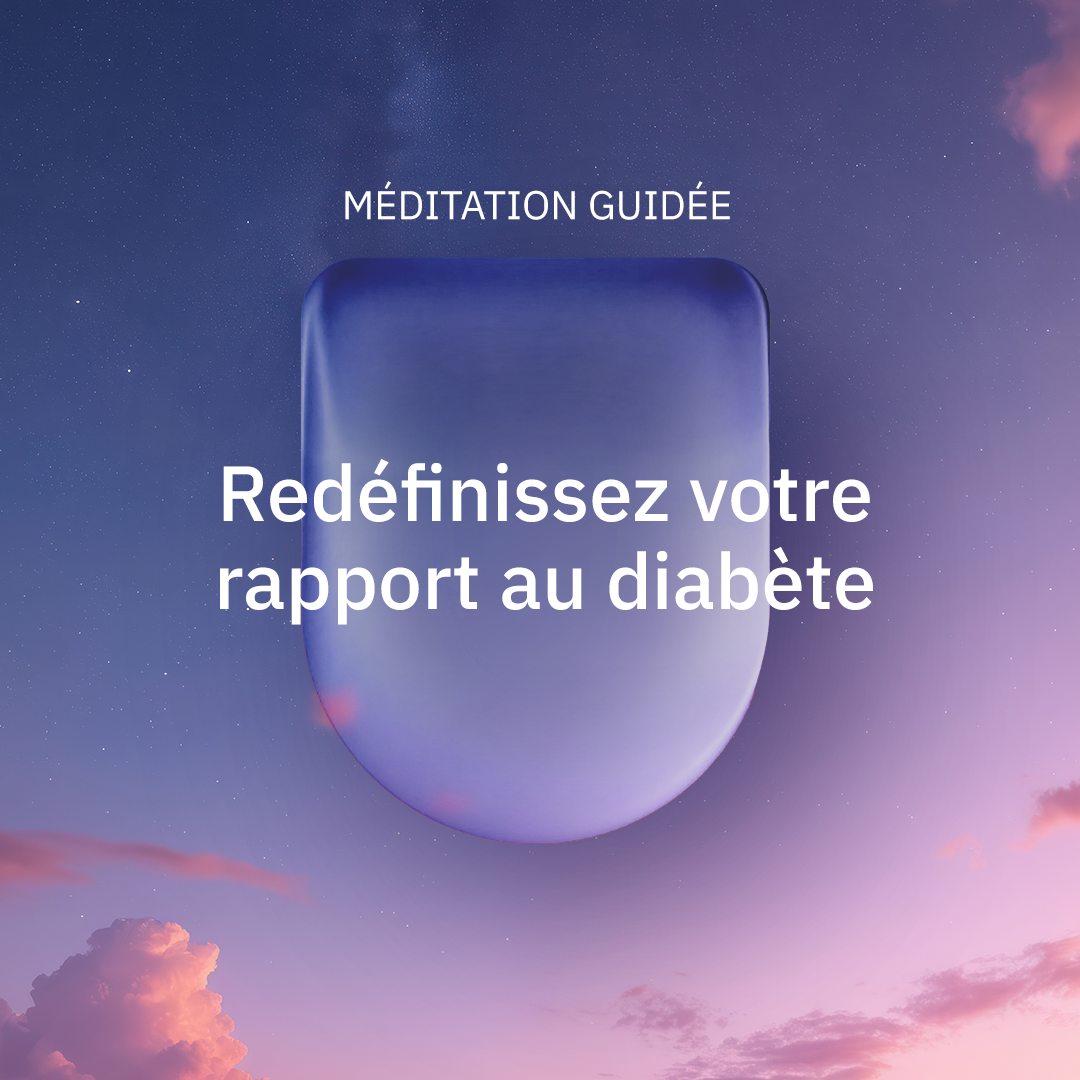 Collaboration Omnipod et Calm : Pod avec texte blanc « Repenser votre relation avec le diabète »